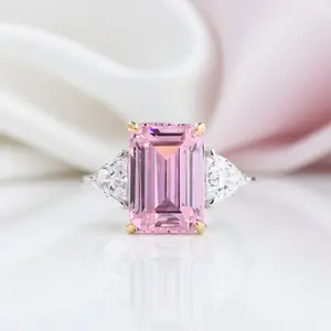Pink Sapphire Emerald Cut Three Stone Engagement Ring