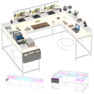 White U Shaped Computer Gaming Desk with Power Outlets & USB Ports, LED Strip and Monitor Stand, Reversible L Shaped Desk with Storage Shelves for Home Office