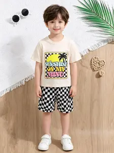 Boys' Letter Print Short Sleeve Shorts Set, Summer Fashion, Casual Loose-Fitting Cartoon Pattern Suit, Kids' Clothing Essentials