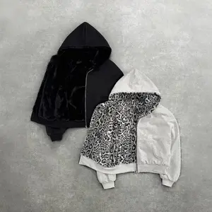 Autumn Winter Retro Fashion Leopard Print Two Sides Wear Loose Zip Up Hoodie Men High Street Punk Casual Oversized Sweatshirts  Outfits Men