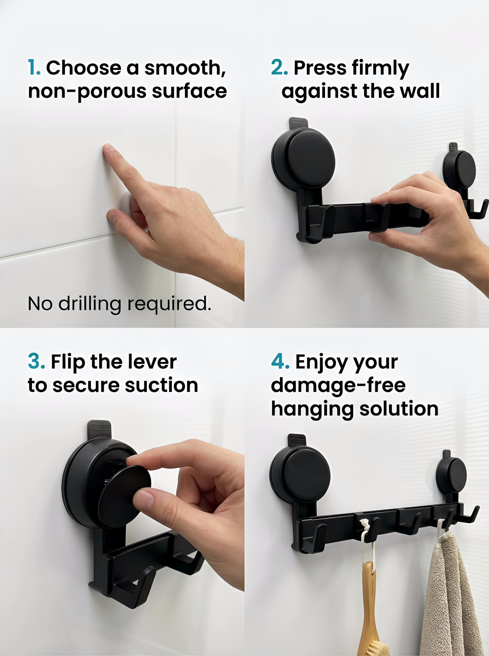 Heavy Duty 5 Hooks Black Suction Cup Hook Rack No Drilling Adjustable Towel Coat Hanger Removable Multi Use Damage Free Organizer for Bathroom Kitchen Entryway RV Office