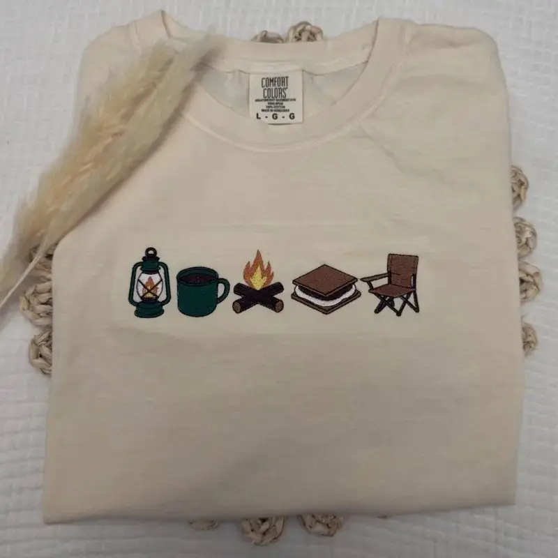Embroidered Camping Smores Shirt Comfort Colors Tee Summer Outdoors Graphic Top