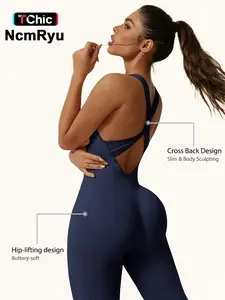 Women's sports jumpsuit, Sporty jumpsuit with cross widened shoulder straps detachable chest cushion ribbed high elasticity comfortable and breathable yoga gym training clothes