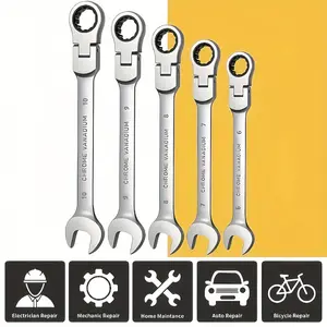 5PCS Flexible Ratchet Combination Wrench Set, 6/7/8/9/10mm Metric 180° Swivel Head Open & Box End Spanner Kit, CR-V Steel Hand Tools for Auto Bicycle Electrician Household Mechanical Repair