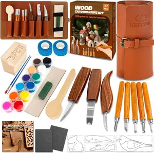 37pcs Wood Carving Kit with Storage Bag, Wood Carving Tools with 12 Color Paint, Wood Whittling Kit with 4pcs Templates & User Guide for Beginners
