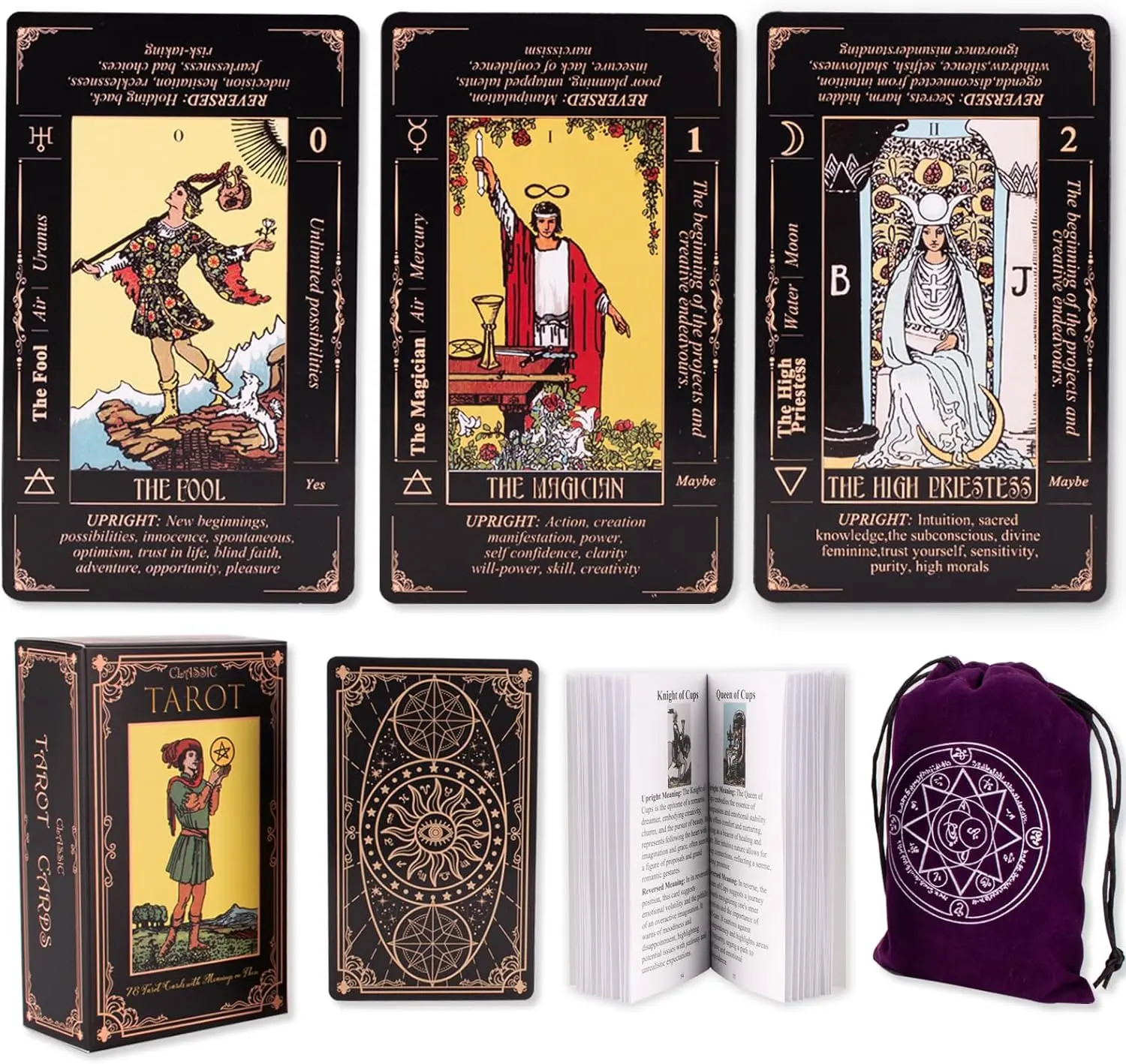 Beginner-Friendly Classic Durable Tarot Card Deck, with Printed Meanings and Guide Book, for New Tarot Enthusiasts (Black), Classic Tarot Cards, Durable Tarot Cards