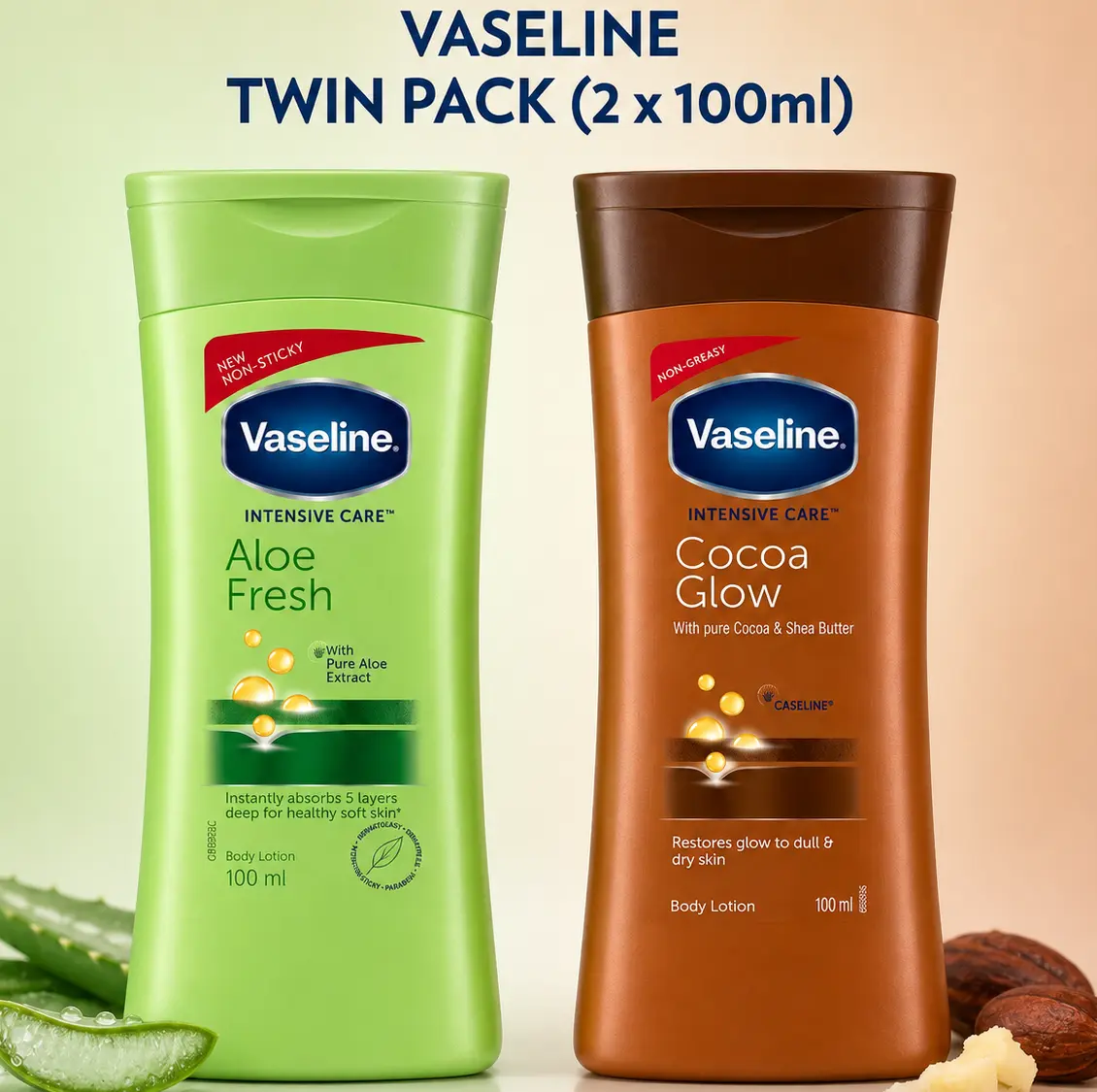 Vaseline Intensive Care Lotion Variety Bundle (100ml/3.4oz) Aloe Fresh & Cocoa Glow Twin Pack Mix Set (Beauty & Personal Care Bath & Body Moisturizer)