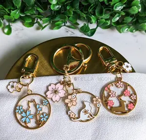 Cherry Blossom Deer Enamel Keychain, Sakura Key Charm, Cute Cat Key Accessory, Flower Bag Charm, Gold Key Ring, Floral Feline Animal, Doe cute keychain