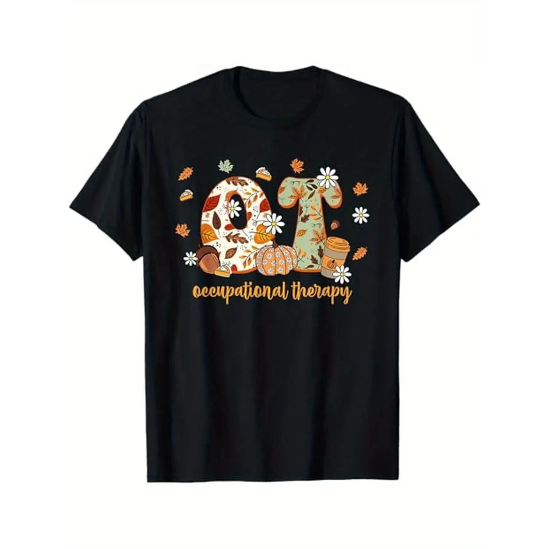 Menswear Graphic Shortsleeve Occupational Therapy Fall OT OTA Autumn Thanksgiving T-Shirt, 100% Cotton, for Therapists, S-XXXL, Black, Y2K Outfits, Backwards Demon Slayer Merch, Double Print, Oversize, Round Neck, Casual Work Wear Tshirt