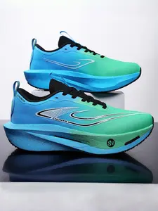 Parent-Child Light Blue-Black Color-Block Track & Field Athletic Shoes, Sport Competitive Style, Breathable Lightweight Material + Non-Slip Platform Sole + Logo Decoration, Parent-Child Compatible, Lightweight Comfortable , Ideal for Track, Sneakers