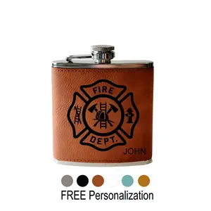 Flask- Firefighter Maltese Cross. First Responder Engraved flask. Leather hip flask. hip flask stainless steel