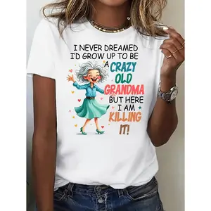 1pc Women'S Funny Crazy Old Grandma Graphic T-Shirt - Stretchy Polyester-Spandex Blend, Machine Washable Round Neck Short Sleeve Tee with Humorous Slogan & Cartoon Design for Spring Summer Fall Casual Wear, Seasonal Wardrobe Staple, Quirky Fashion Style
