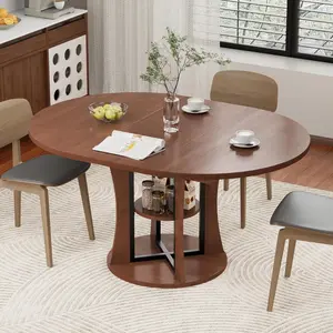 43.3''-59'' Extendable Round Dining Table for 4-8, Expandable Kitchen Table with Storage Shelf, Space Saving Circle Kitchen Table, Round Oval Dining Room Table for Living Room