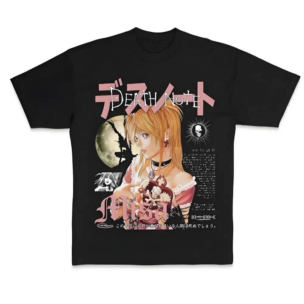 Men's 100% Cotton Round Neck Shortsleeve Loose Cut Black Casual Tshirt Top - Misa Retro Pattern, Death Note Merch, Anime Cosplay Costume, Streetwear Menswear, Oversized Fit