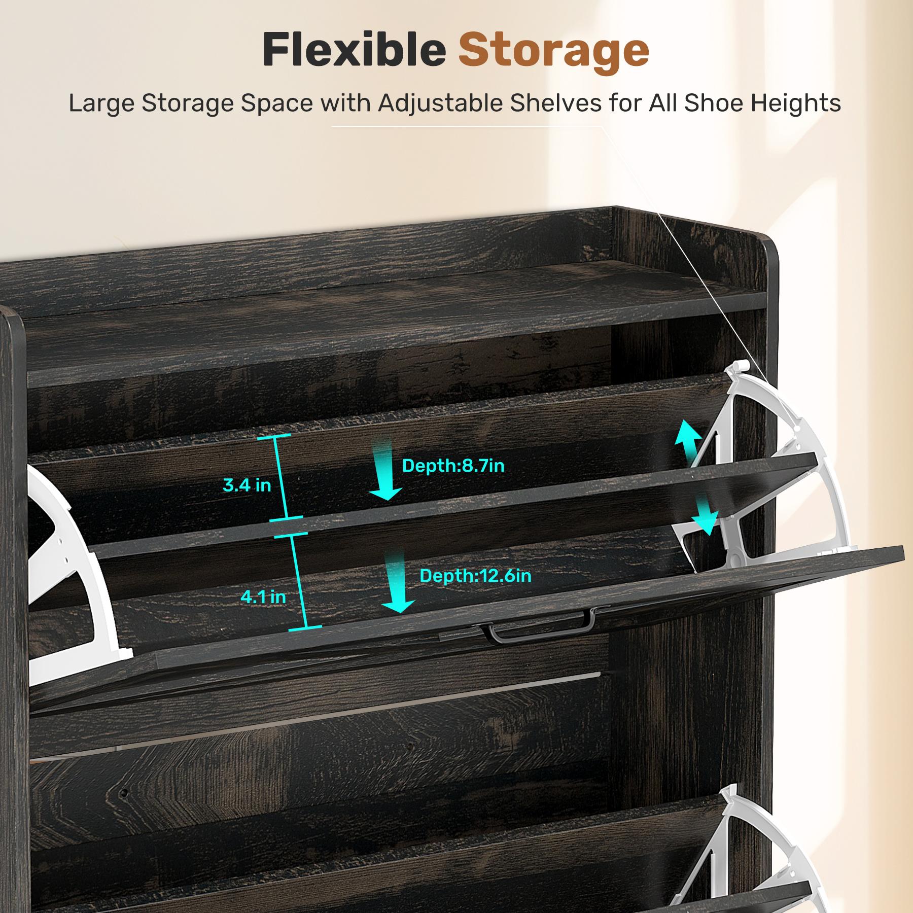 Shoe Cabinet with 2 Flip Drawers Narrow Storage Organizer for Entryway Hallway E1 Grade Board Adjustable Shelves Metal Frame Handle