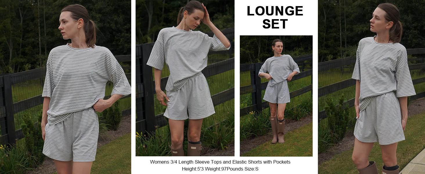 Two Piece Sets for Women Summer 3/4 Sleeve Tops and Elastic Waist Shorts Pajamas Cute Comfy Soft Lounge Striped Pjs
