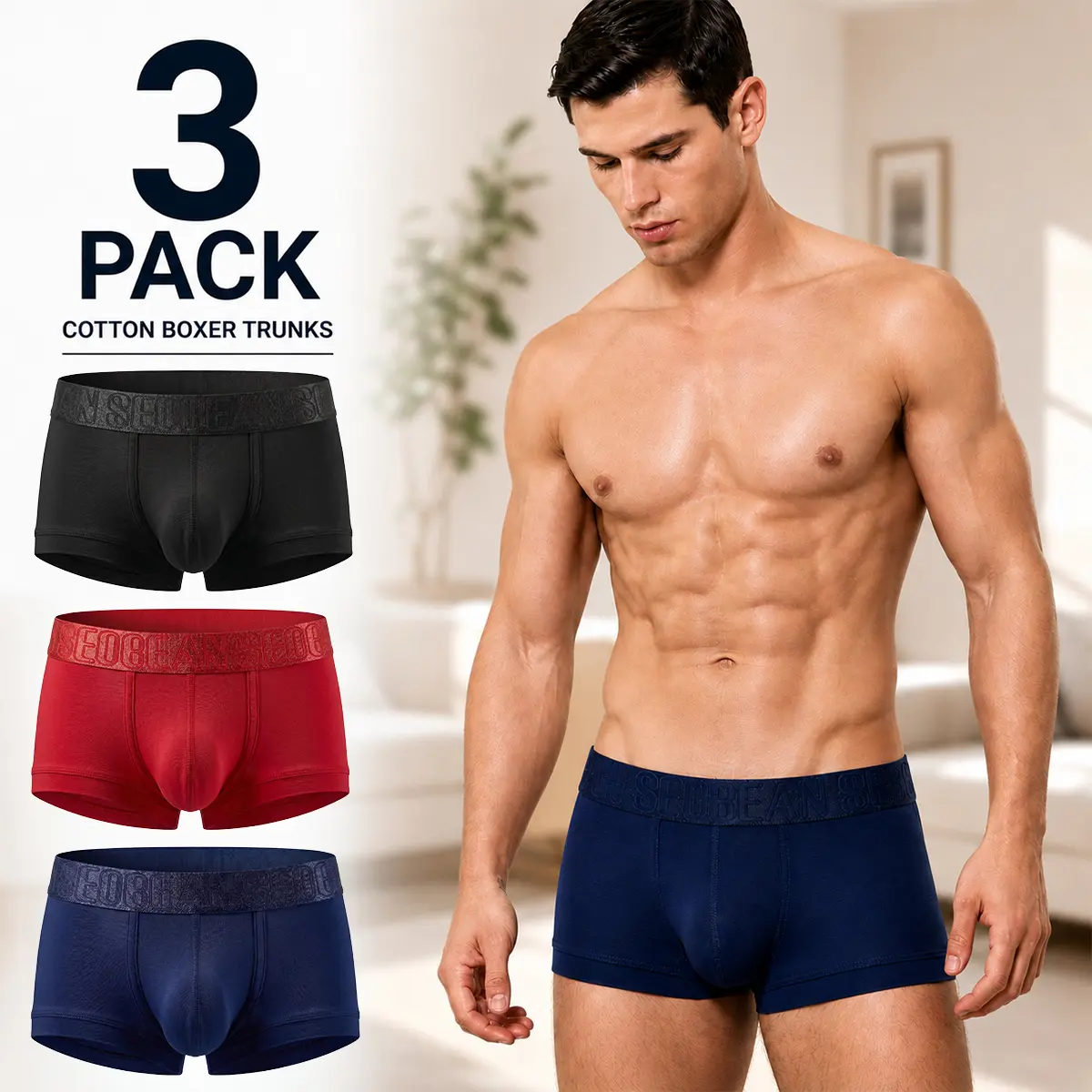 SEOBEAN Men's Soft Cotton Boxer Briefs, Breathable & Comfortable Stretch Short Trunks with Wide Waistband for Everyday Wear, 3 Pack-220208