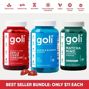 3 Bottles of Goli Best Seller Bundle: Ashwagandha KSM-66, Apple Cider Vinegar, Matcha Mind supplement with Cognizin, Vitamins D2 and B12