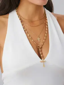 Vintage Metal Cross Pendant Y-Shape Long Necklace Set, Dainty Layering Jewelry, Multi-Layered Alloy Pendants, Casual Style for Women, Daily Wear & Holiday Gifts