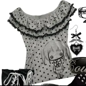 Y2k subculture Japanese polka dot two-dimensional girl print short-sleeved soft cute house slim-fit collar off-shoulder top T-shirt