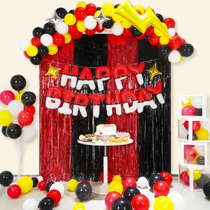 Cartoon Monster Red Black Yellow White Birthday Party Decorations, Balloons Garland Arch Kit Supplies, Curtains Backdrop with Anime Theme Style Banner Letters Signs for Boy's