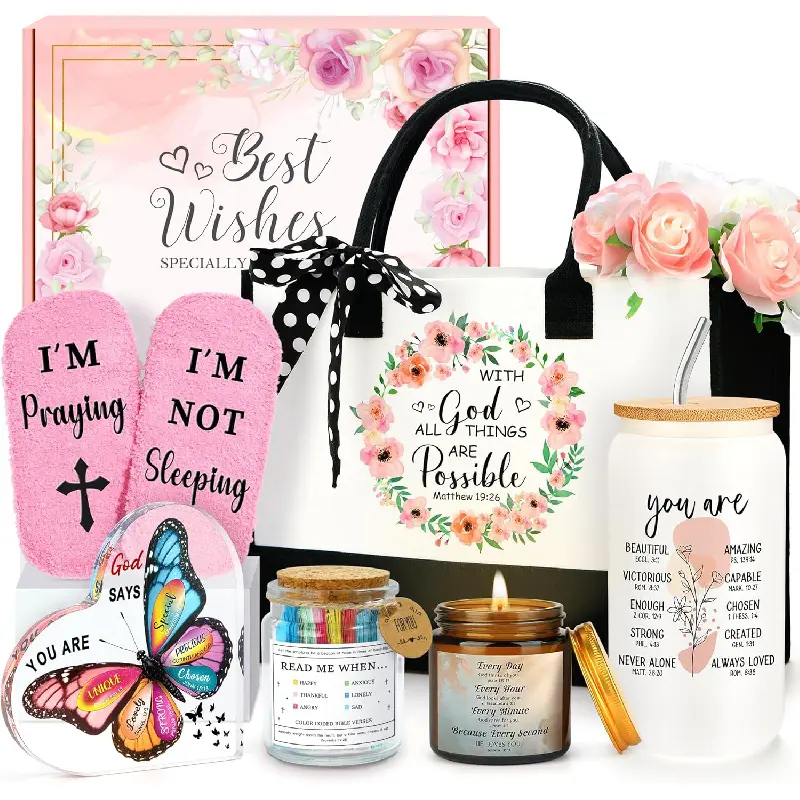 Christian Gifts for Women Faith Based Gift Inspirational Gifts for Women Birthday Unique Catholic Gift Bible Accessories Inclue Bible Verse Jar Butterfly Decorations Socks Glass Can Candles Tote Bag