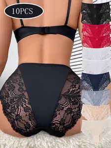 DORSU 10PCS Women's Minimalist Lace Underwear - Low Waist Bikini Panties, Soft Breathable Underpants, Multicolor Panty Multipack for Bridal Basics (2Black,2White,2Red,1Skin,1Pink,1Navy,1Blue)