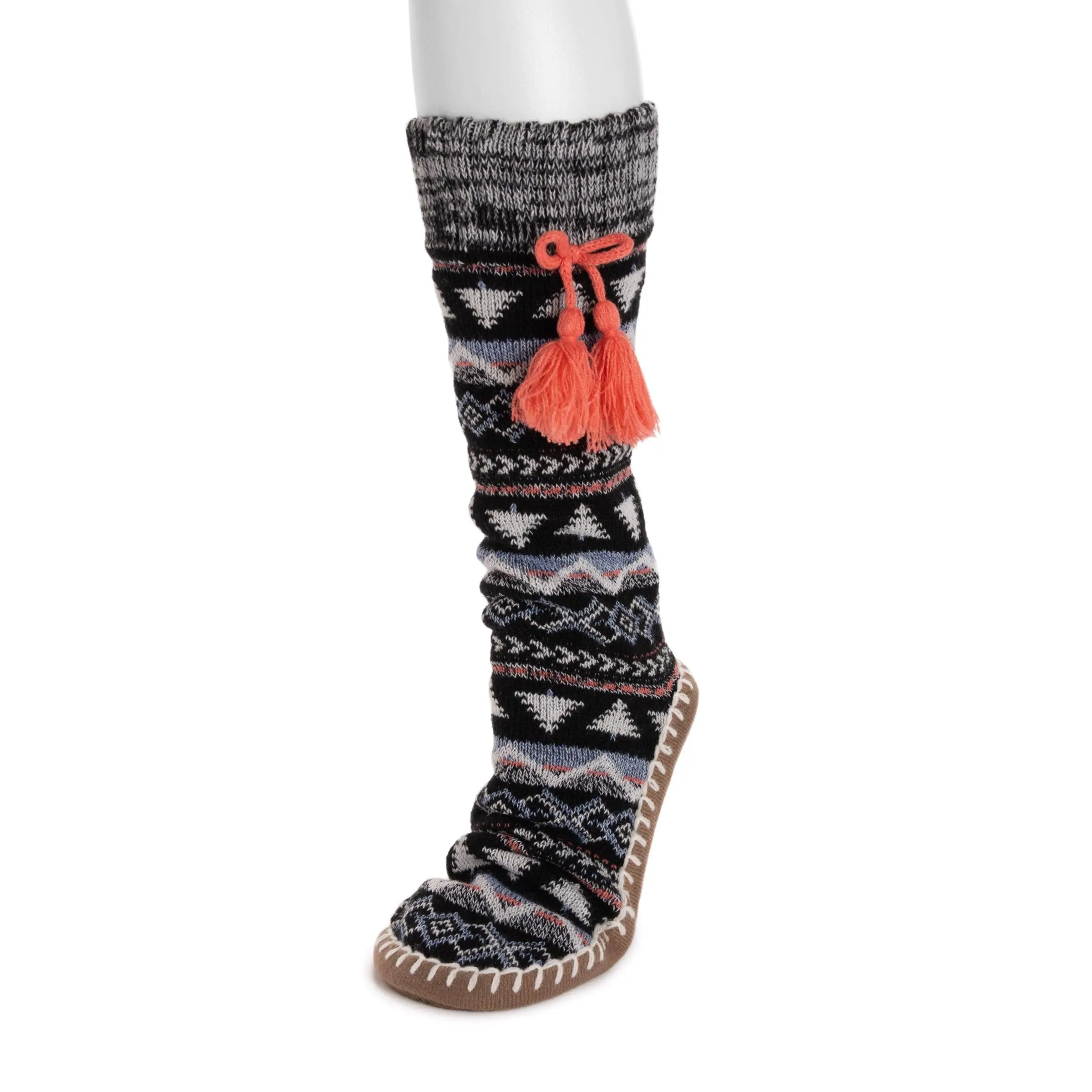 Muk Luks Women's Original Soft Acrylic Knit Slip-On Tassel Slipper Socks - Twist Style, Print Design, Bottom Support
