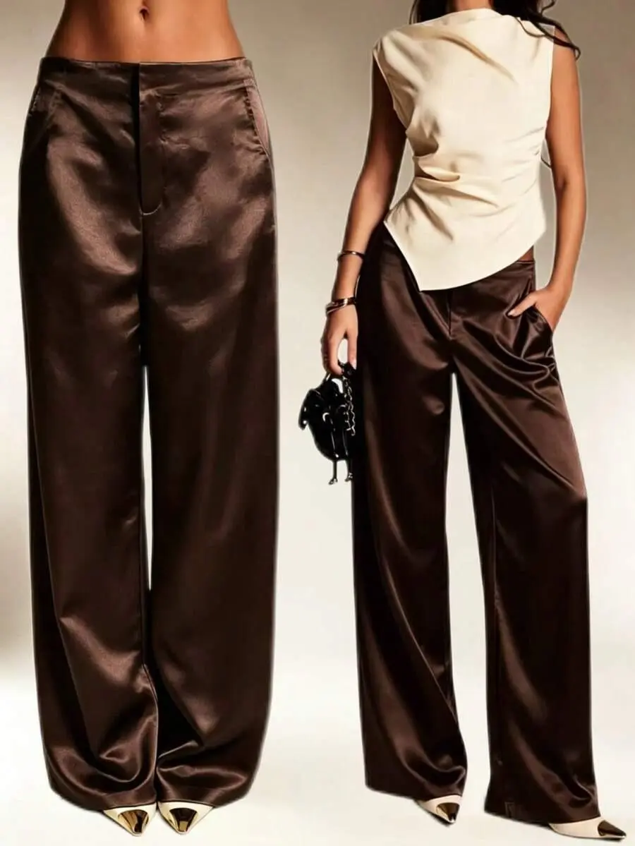 L.A CHIC Womens Satin Solid Color Wide-Leg Pants, Pocket & Zipper Detail Long Trousers, Elegant Casual Pants for Vacation, Office, Brunch & Airport Outfits