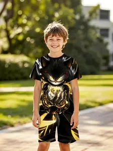 Boys' 3D Short Sleeve Set, Summer Sonic Gold Cartoon Print, Casual Loose Fit, Outdoor Wear, Perfect Gift for Holidays and Birthdays