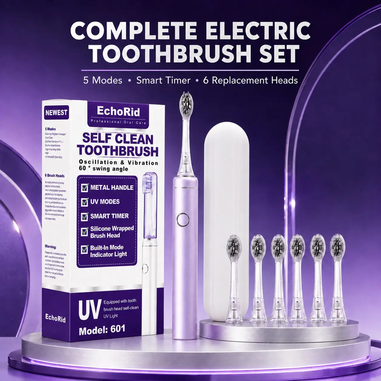 EchoRid Adult Electric Toothbrush with 6 Replacement Heads, 5 Modes, Built-In Timer, Metal Body & UV Brush Head Storage Cover