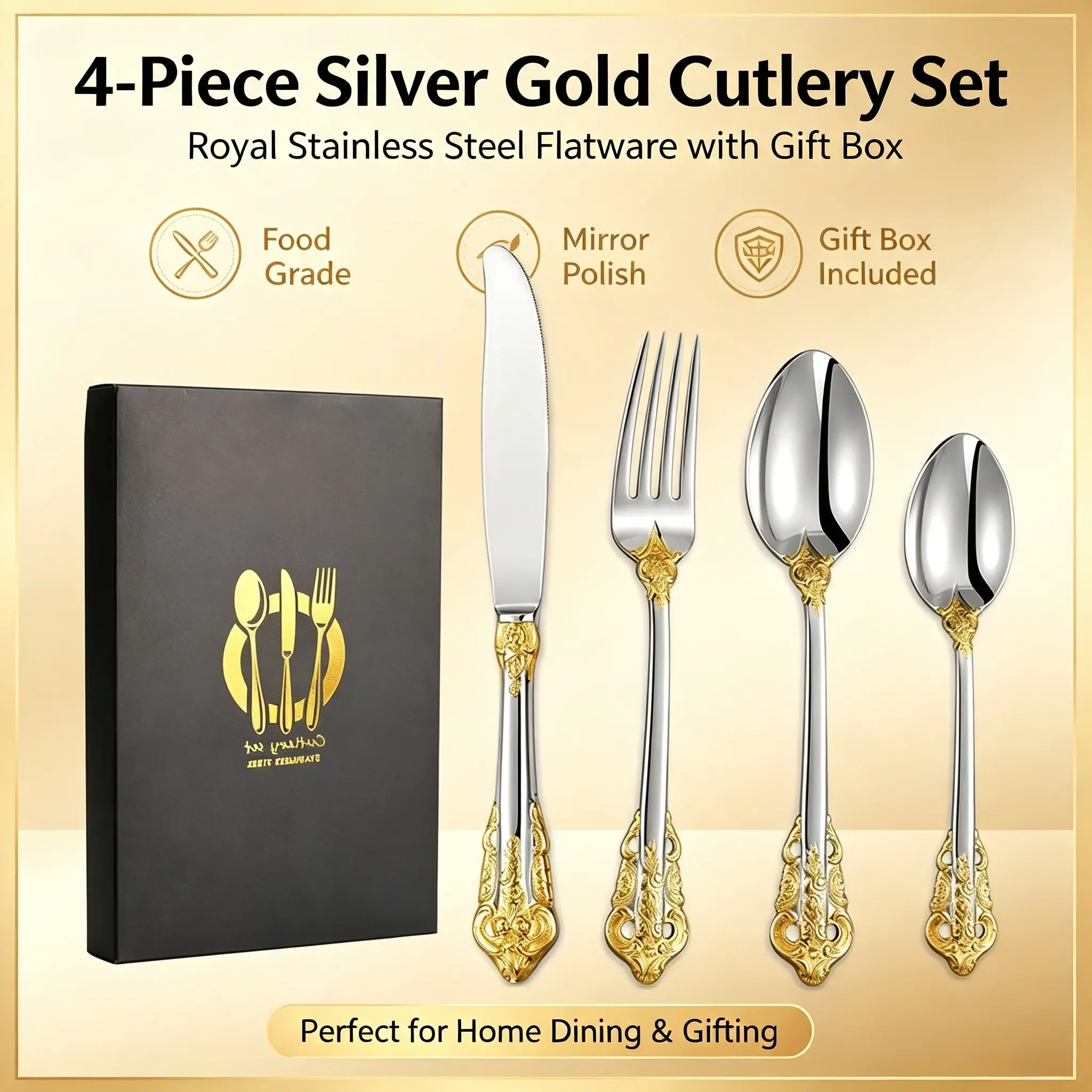 4-Pieces Silver Gold Royal Cutlery Set, Stainless Steel Mirror Polish Fork & Spoon Flatware with Gift Box for Home Dining, Wedding Gift