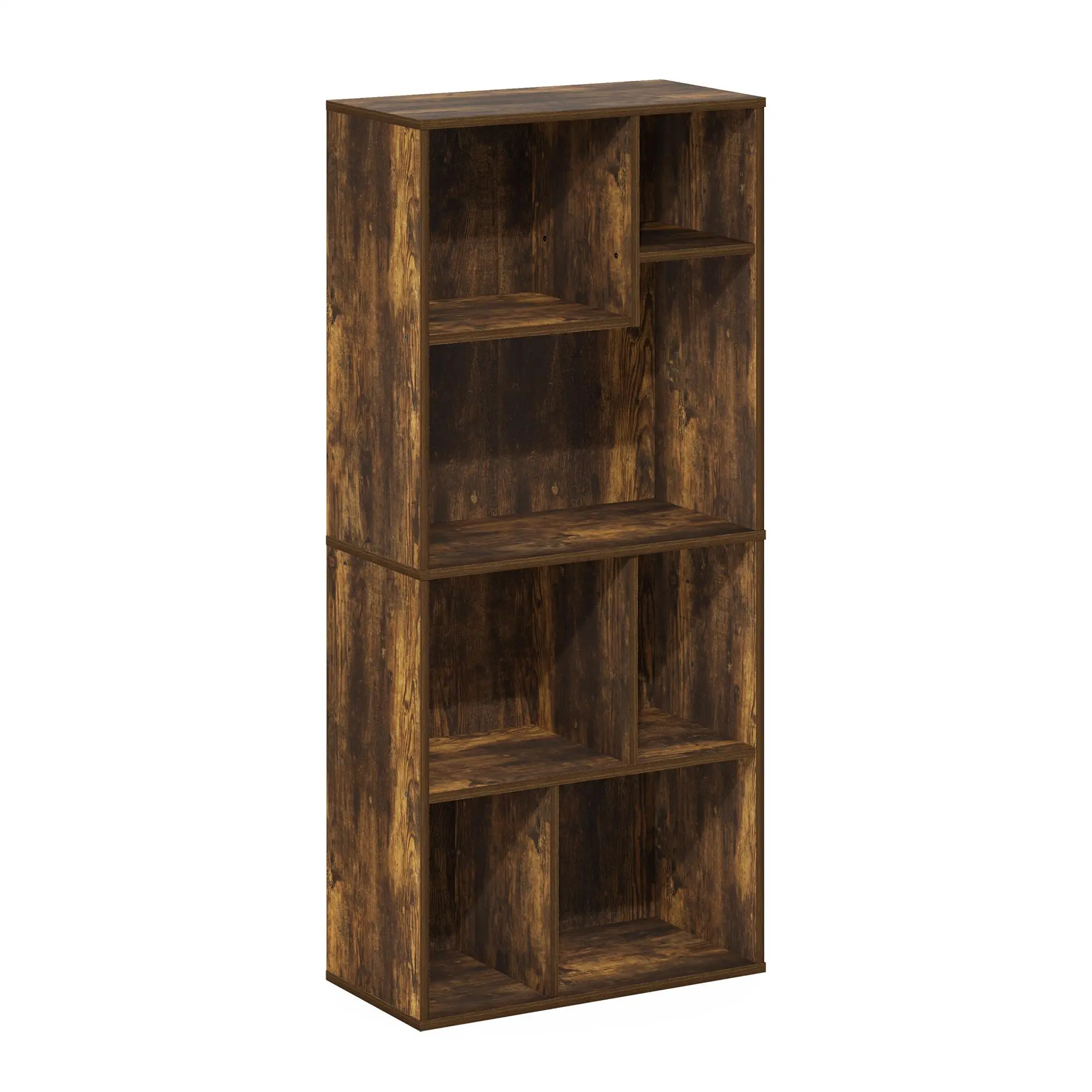 DALY Contemporary 7-Cube Asymmetrical Wooden Book Shelf - Amber Pine Composite Wood, CARB-Compliant Storage Unit, Asymmetrical Cube Layout, Vertical/Horizontal Use, 9.45(d)x18.9(w)x42.13(h)in, Book Organization Living Room Furniture
