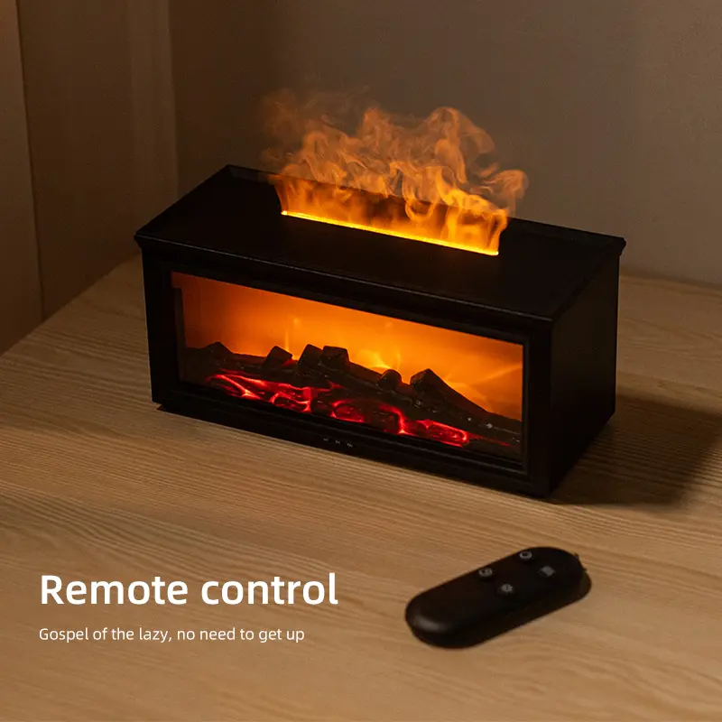 7-Color Flame Glow Fireplace Humidifier with Wood Grain Design, Cold Fog, Remote Control, Adjustable LED Light, Air Purification, Scented Aromatherapy Diffuser for Home