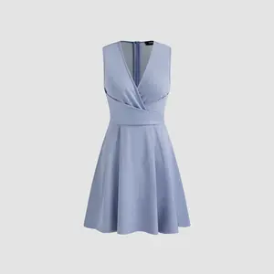 Cider [size 0-10] V-neck Solid Wrap Zipper Mini Dress Dealsforyou