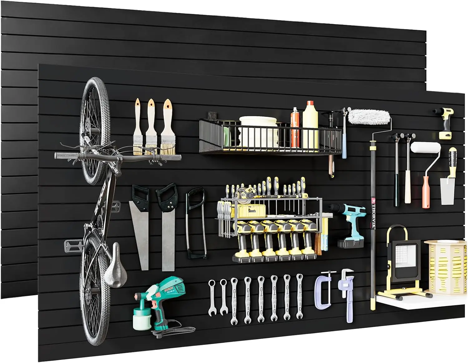 Maeklon 2pcs 4 x 8ft Slat Wall Panels Garage Wall Organizer, Heavy PVC Wall Hanger with 12 Hooks, Slatwall Panel Wall Storage Systems for Garage Wall Storage, Slatted Wall Panels - Black