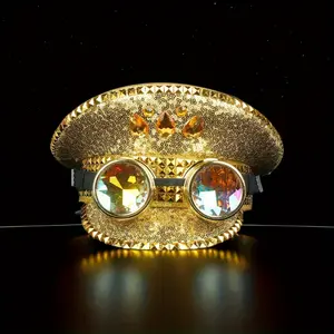 Luxurious Colorful Gems Punk Spiked Military Cap - Unisex Party Festival Hat - Nightclub DJ Disco Sailor Captain Hat with Kaleidoscope Glasses
