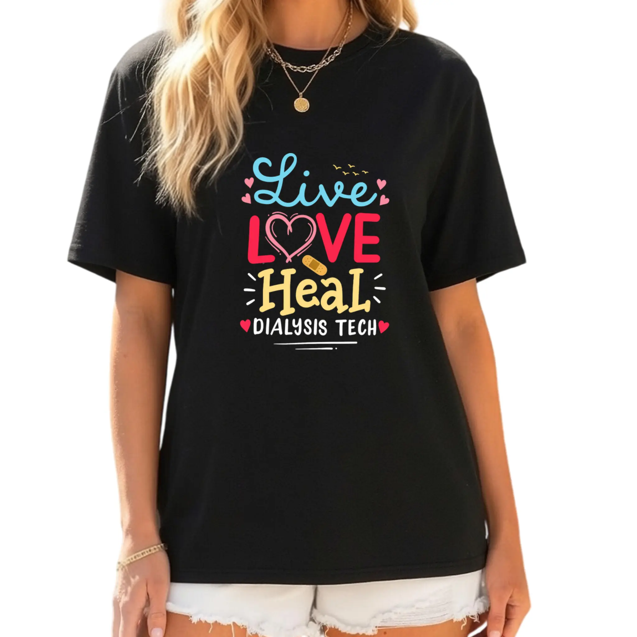 Women'S Dialysis Tech Gift T-Shirt | Live Love Dialysis Graphic Print with Hearts & Kidney Design, Slim Fit Short Sleeve Crew Neck Casual Comfort Tee for Dialysis Technicians, Spring Summer Work & Casual Attire