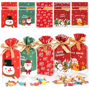 50 Pcs Small Christmas Gift Bags, 6 x 9 inches Treat Bags, 5 Patterns, Stand up Bottom, Ribbon Drawstring