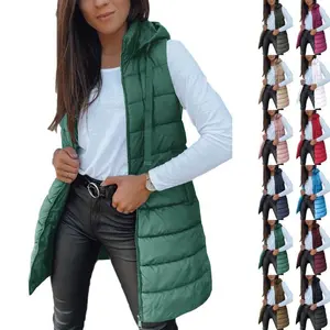 Women Long Vest Solid Color Sleeveless Hood Winter Puffer Vest Outwear