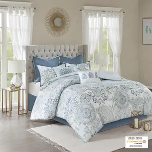 8 Piece Cotton Floral Printed Reversible Comforter Set, Matching Bed Skirt, Decorative Pillows, Isla