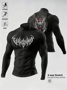 Men's Casual Breathable Fitted Long Sleeve Sports T-Shirt, Athletic Letter Print, Compression Top with Turtle Neck Design, Fitness Long Sleeve Shirt