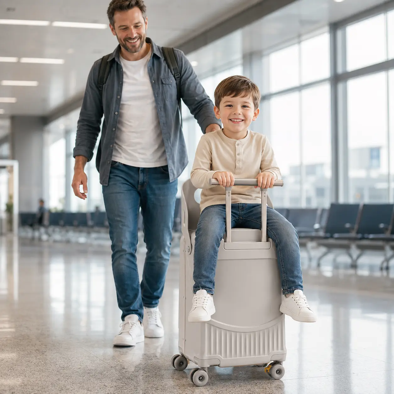 Family Travel Essential Kids Ride On Luggage, Silent Spinner Wheel Ride On Suitcase for Boys Girls Airport Trip