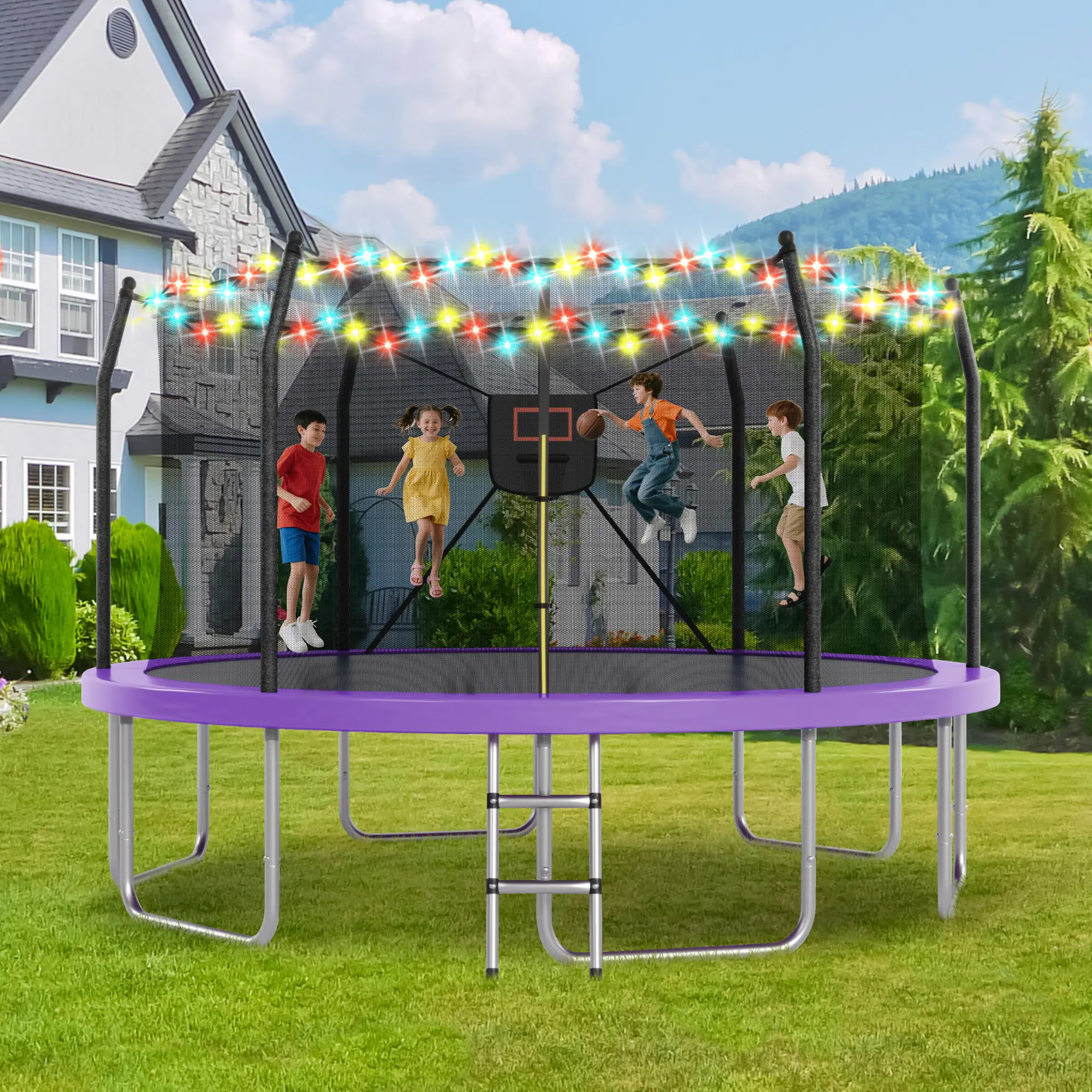 SAVEYOUR 14FT Trampoline with LED Lights & Basketball Hoop Outdoor Recreational 16" Trampoline for Kids & Adults Safe Durable Construction