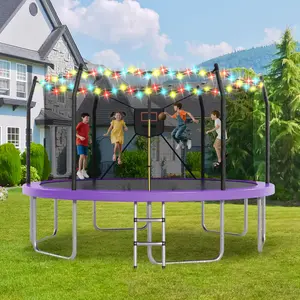 SAVEYOUR 14FT Trampoline with LED Lights & Basketball Hoop Outdoor Recreational 16" Trampoline for Kids & Adults Safe Durable Construction