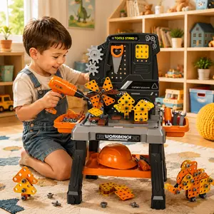 Tool Toy Playset with Electronic Drill Sound – Pretend Play Workbench Toy Box Construction Mechanic Set, Toys for Kids Age 3, Great Gifts for boys