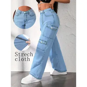 Women'S High-Waisted Light Blue Cargo Jeans - Stretch Skinny-Fit Multi-Pocket Work Pants with Belt Loops & Button Closure, All-Season Straight-Leg Trousers for Casual & Professional Wear (Plus Size Available) - 2025 New Design Durable Comfortable Ev