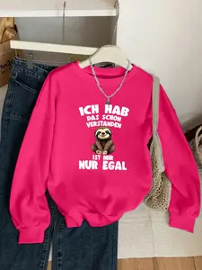Spring Autumn German Sloth Print Casual Fitted Round Neck Sweatshirt, Cartoon Graphic Pattern, Women's Fashion Pullover