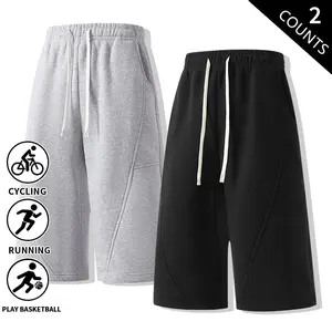 2 packs men’s casual patchwork sweat shorts and capri pants, 7/8 length, elastic drawstring, knee-length capris, loose fit; suitable for basketball, running, cycling, workouts, and everyday wear.