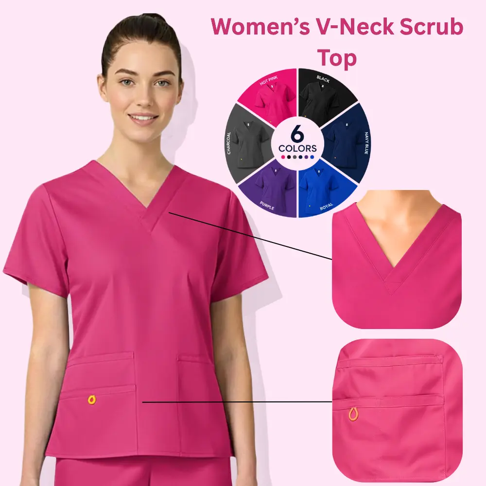 HEEDFIT Women’s Fitted V-Neck Short Sleeve Medical Scrub Top Uniform, Polyester-Cotton Fabric, 3 Pockets & Hidden Mesh Pocket, Soft Breathable Everyday Workwear for Students, Easy To Care For